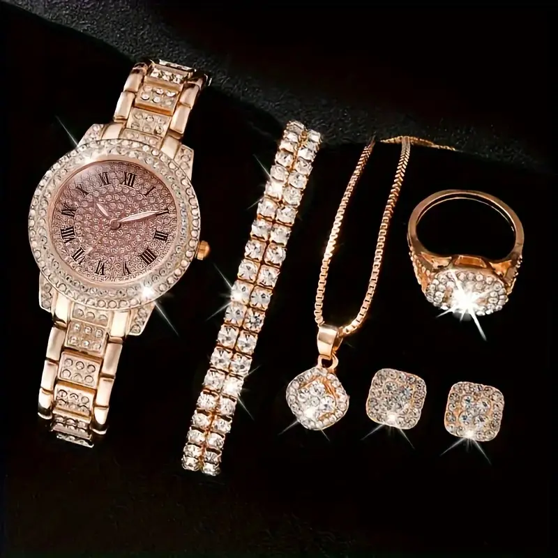 6-piece luxury women’s jewelry set with rose gold stainless steel quartz watch, Roman numerals, matching necklace, earrings, and bracelet – ideal gift for mom