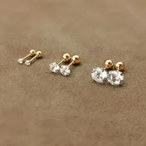 Gold stainless steel four-prong twisted ball earrings with cubic zirconia, simple and stylish design for women's daily wear