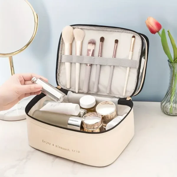 Double-layer makeup bag with solid color PU leather and transparent compartment, large capacity, portable and stylish travel cosmetic organizer