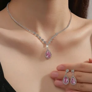 X6A06 - Boho April Birthstone Jewelry Set – Silver-Plated Synthetic Stone Water Drop Earrings & Pendant Necklace for Women, Party & Festival Style