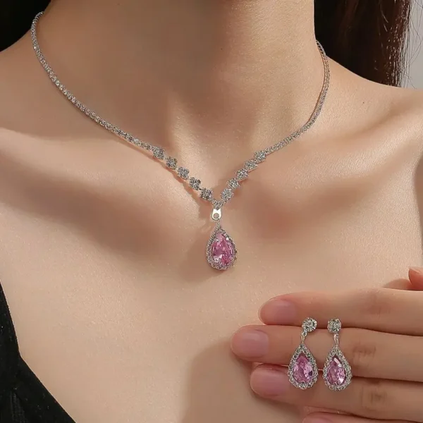 X6A06 - Boho April Birthstone Jewelry Set – Silver-Plated Synthetic Stone Water Drop Earrings & Pendant Necklace for Women, Party & Festival Style-