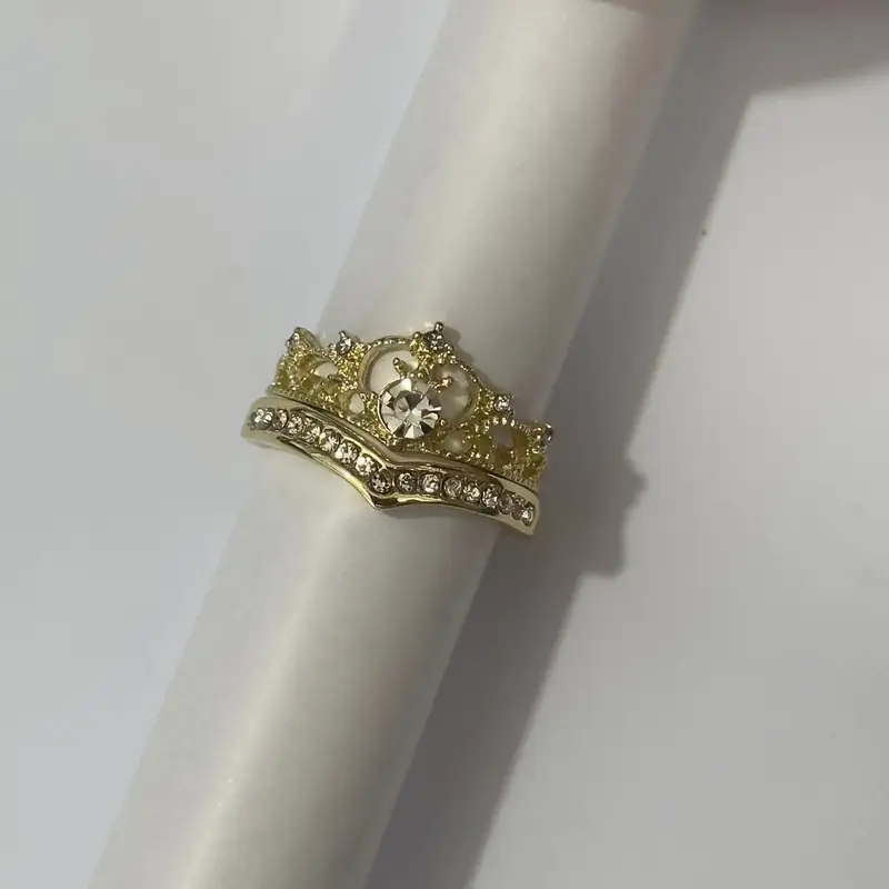 Elegant 2-piece crown princess-inspired rhinestone ring set with adjustable open-end alloy bands, perfect for special occasions