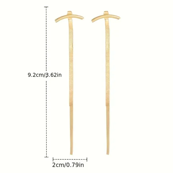 Minimalist long tassel earrings for women featuring metallic snake bone-style tassels, modern and sleek statement jewelry