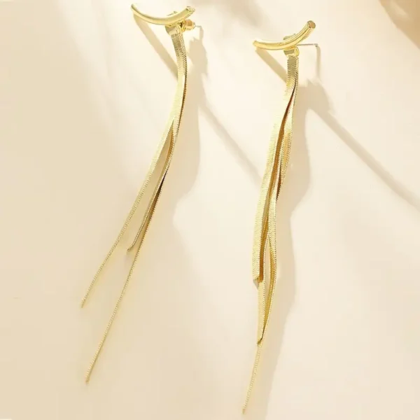 Minimalist long tassel earrings for women featuring metallic snake bone-style tassels, modern and sleek statement jewelry