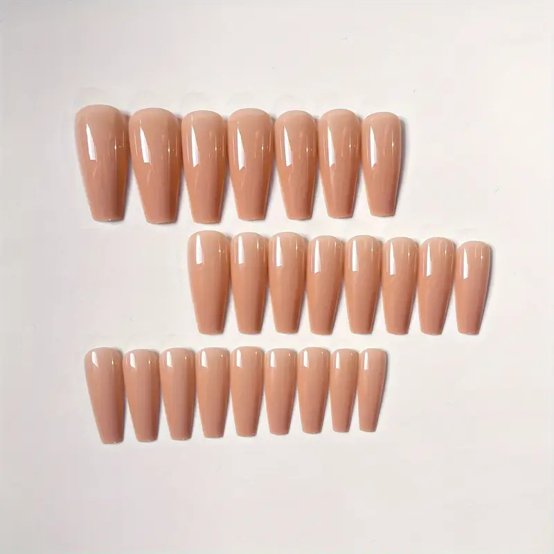 24pcs long glossy nude ballet press-on nails with French tip design, elegant fake nails for women and girls