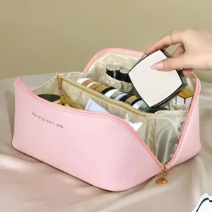 Large double-layer cosmetic bag with leather finish, portable travel makeup case for men and women, spacious beauty organizer pouch