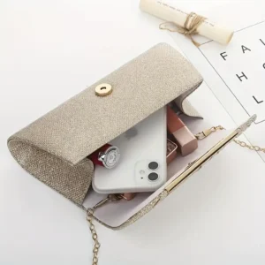Elegant pleated evening clutch with gold embellishments and chain, perfect for dance parties and special occasions