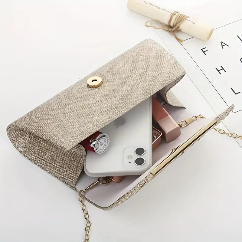 Elegant pleated evening clutch with gold embellishments and chain, perfect for dance parties and special occasions