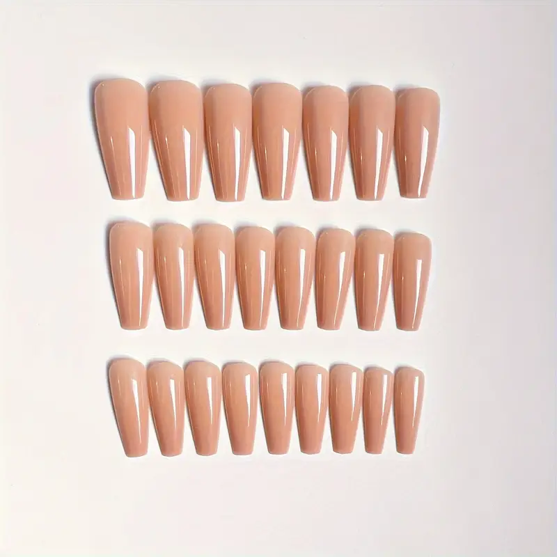 24pcs long glossy nude ballet press-on nails with French tip design, elegant fake nails for women and girls