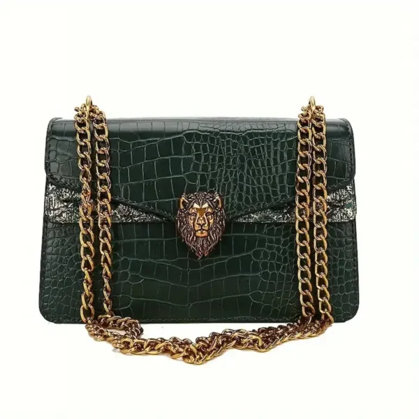Women's black faux leather crossbody shoulder bag with snake-print design, gold chain strap, lion head emblem, magnetic closure, and elegant lace trim – compact purse for everyday use