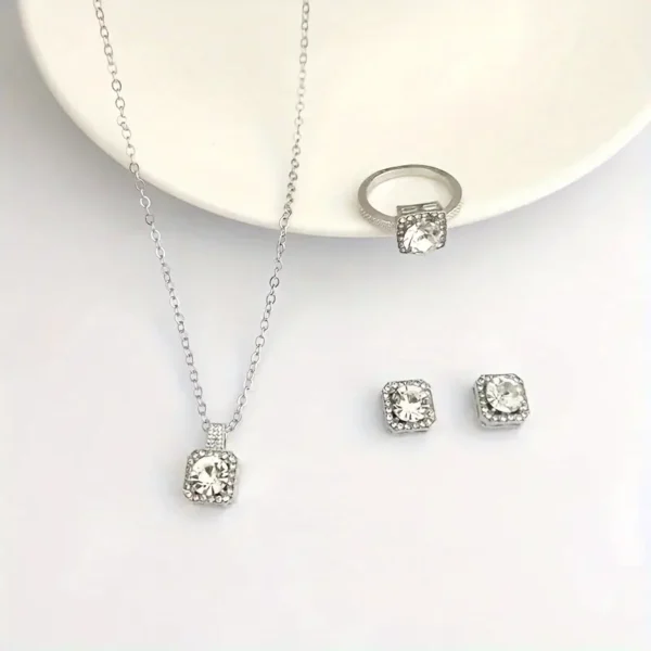 Elegant rhinestone jewelry set with alloy necklace, earrings, and ring, perfect fashion accessory for women and teens for parties or special occasions