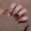 X5Z03 - Luxury Press-On Nail Set for Women – 24pcs Glossy Ballet Shape Nails with Glitter, Houndstooth, Bow & 3D Diamond Chain Design