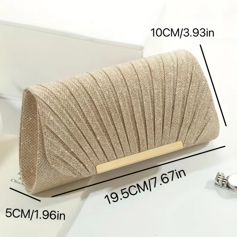 Elegant pleated evening clutch with gold embellishments and chain, perfect for dance parties and special occasions