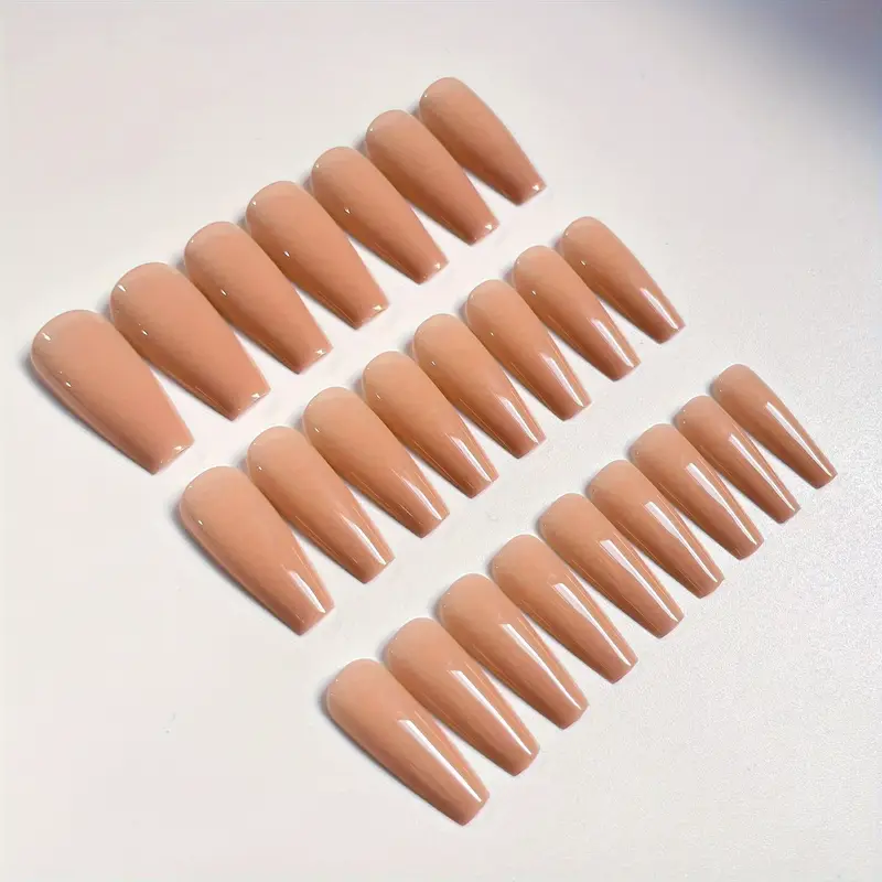 24pcs long glossy nude ballet press-on nails with French tip design, elegant fake nails for women and girls