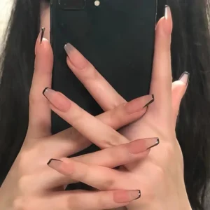 X5Z02 - Nude and Black French Ballet Press-On Nails – Removable False Nail Stickers for Women and Girls