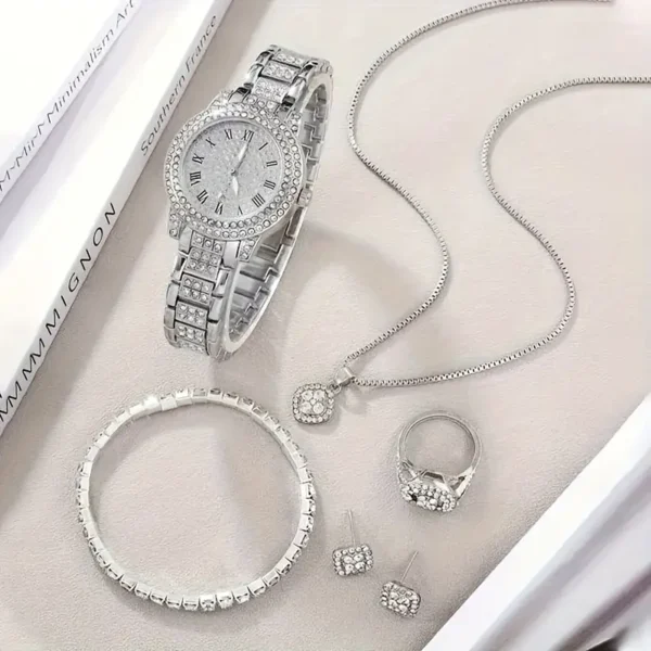 6-piece luxury women’s jewelry set with rose gold stainless steel quartz watch, Roman numerals, matching necklace, earrings, and bracelet – ideal gift for mom