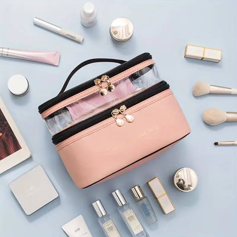 Double-layer makeup bag with solid color PU leather and transparent compartment, large capacity, portable and stylish travel cosmetic organizer