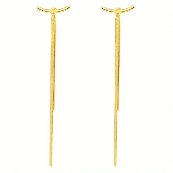 Minimalist long tassel earrings for women featuring metallic snake bone-style tassels, modern and sleek statement jewelry