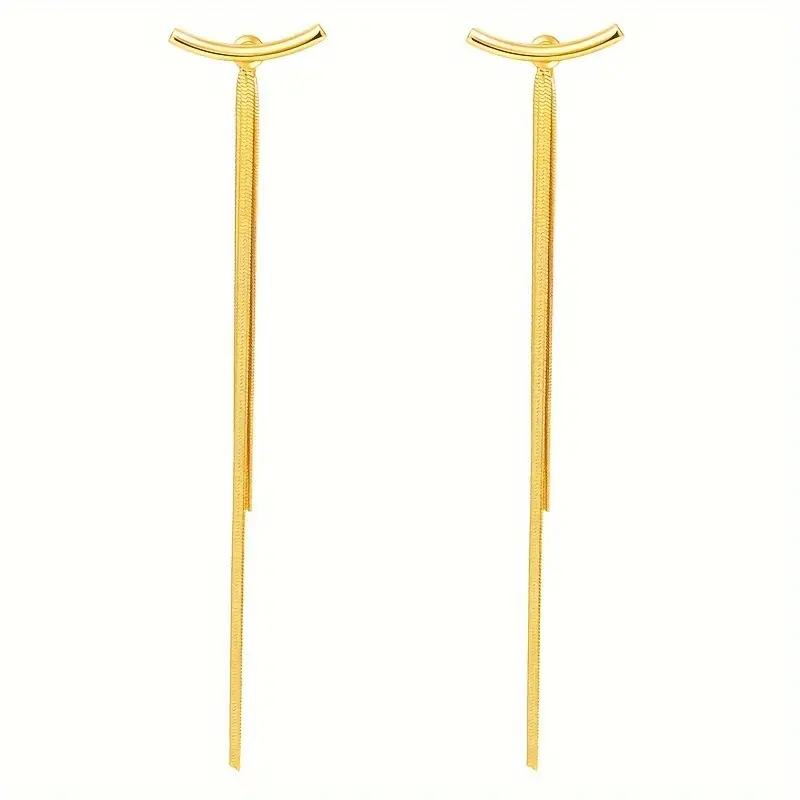 Minimalist long tassel earrings for women featuring metallic snake bone-style tassels, modern and sleek statement jewelry
