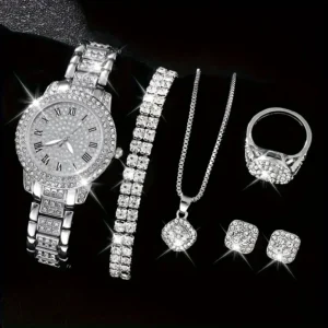 6-piece luxury women’s jewelry set with rose gold stainless steel quartz watch, Roman numerals, matching necklace, earrings, and bracelet – ideal gift for mom