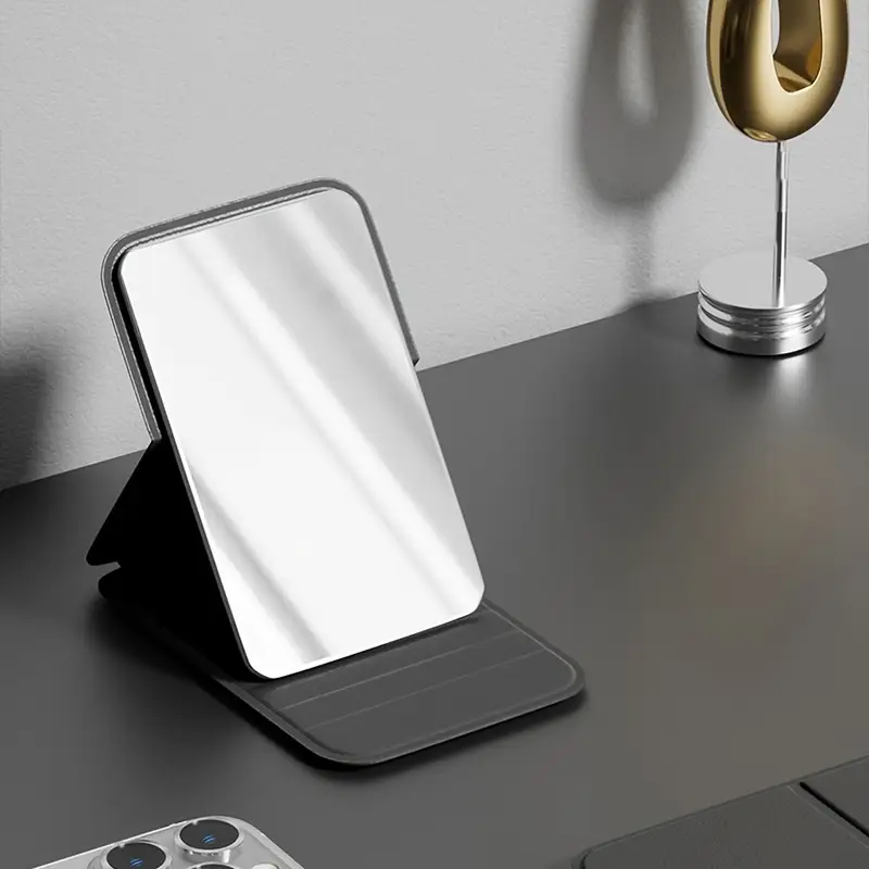 Foldable Compact Pocket Makeup Mirror – HD Mini Rectangular Travel Mirror with Faux Leather Frame & Tabletop Stand, Polished Finish, Formaldehyde-Free-