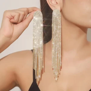 Bold long tassel earrings with full rhinestone detailing, statement fashion jewelry in European and American style for women