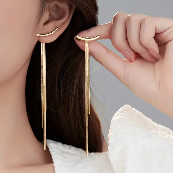 Minimalist long tassel earrings for women featuring metallic snake bone-style tassels, modern and sleek statement jewelry