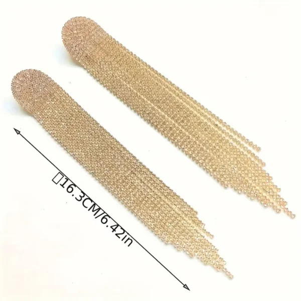 Bold long tassel earrings with full rhinestone detailing, statement fashion jewelry in European and American style for women